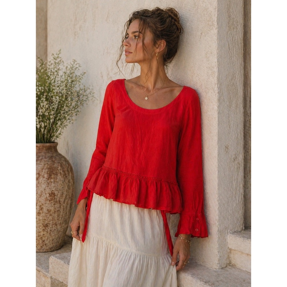 Cloth & Stone Red Ruffle Hem Peplum Top Long Sleeve Back Tie‎ XS Romantic Boho